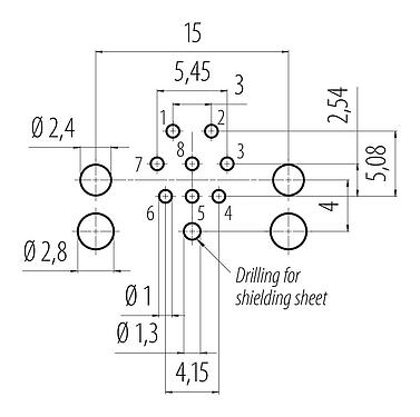 Disposizione dei conduttori 99 3482 601 08 - M12 Connettore femmina a flangia, Numero poli: 8, schermabile, THR, IP68, UL, per l'assemblaggio di PCB