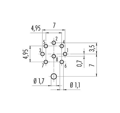Disposizione dei conduttori 09 0173 290 08 - M16 Connettore maschio a flangia, Numero poli: 8 (08-a), schermabile, THT, IP68, UL, Cumple con AISG, montaggio anteriore