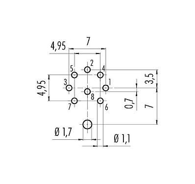 Leiterplattenlayout 09 0173 290 08 - M16 Flanschstecker, Polzahl: 8 (08-a), schirmbar, THT, IP68, UL, AISG konform, von vorne verschraubbar