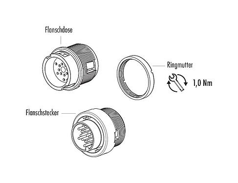 Einzelteildarstellung Bajonett Flanschdose, Polzahl: 2, ungeschirmt, löten, IP40, M18x0,75, Frontmontage