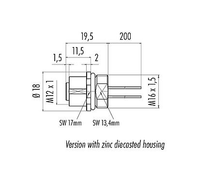 Scale drawing M12 Female panel mount connector, Contacts: 5, unshielded, single wires, IP68, UL 2238, M16x1.5, Front mounting