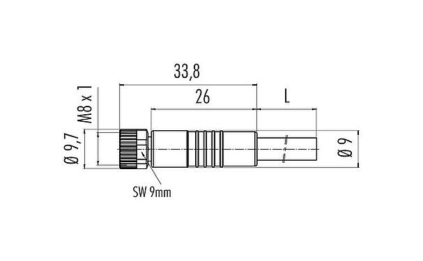 Dessin coté M8 Connecteur femelle, Contacts: 3, non blindé, surmoulé sur le câble, IP67/IP69K, UL 2238, PUR, noir, 3 x 0,34 mm², avec LED, PNP, 5 m