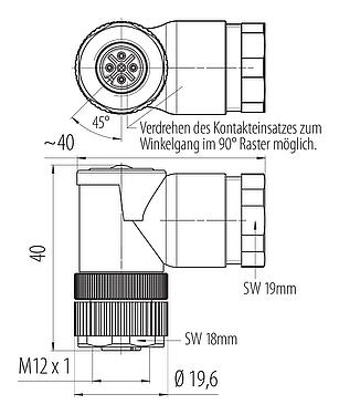 Maßzeichnung M12 Duo-Winkeldose, Polzahl: 4, 2.1-3.0 mm (2 Kabel) oder 4-5 mm (2 Kabel), ungeschirmt, schraubklemm, IP67