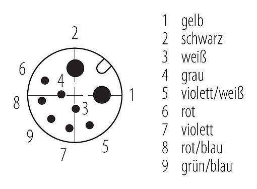 Polbild (Steckseite) M12 Kabeldose, Polzahl: 2+7, am Kabel angespritzt, IP67, PUR, schwarz, Power: 2 x 0,75 (AWG 18), Signal: 7 x 0,14 (AWG 26), 1,85 m