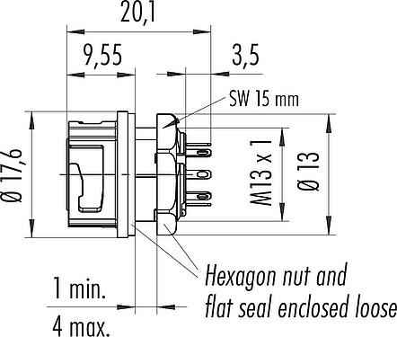 Schaaltekening Bajonet Female panel mount connector, aantal polen: 8, onafgeschermd, soldeer, IP67, M13x1,0, Frontaansluiting
