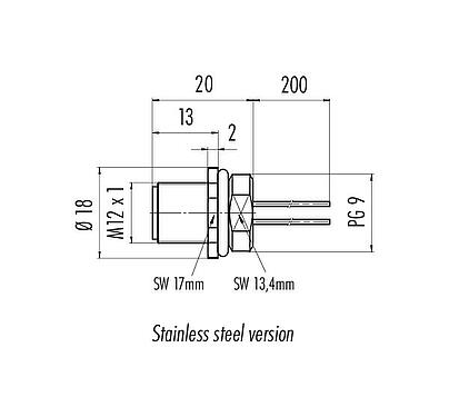 Scale drawing 76 2131 0111 00008-0200 - M12 Male panel mount connector, Contacts: 8, unshielded, single wires, IP68, UL, PG 9, stainless steel