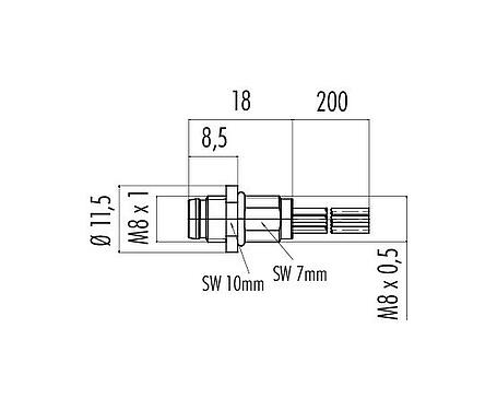 Dessin coté 76 6019 0111 00008-0200 - M8 Embase mâle, Contacts: 8, non blindé, fils, IP67/IP69K, UL 2238, M8x0,5