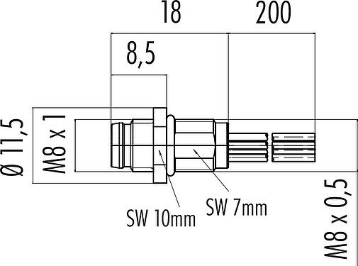 Maßzeichnung M8 Flanschstecker, Polzahl: 4, ungeschirmt, Litzen, IP67/IP69K, UL 2238, M8x0,5, Frontmontage, vergossen