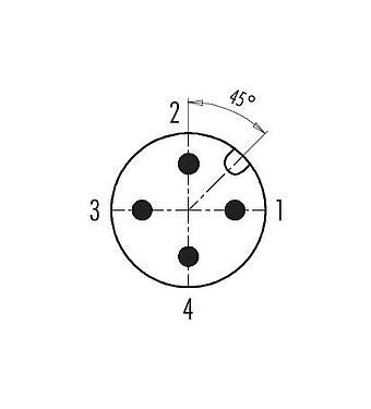 Polbild (Steckseite) 99 1433 824 04 - M12 Winkelstecker, Polzahl: 4, 5,0-8,0 mm, schirmbar, crimpen (Crimpkontakte müssen separat bestellt werden), IP67, UL