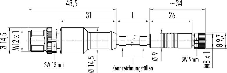 Maßzeichnung M12/M8 Kabelstecker - Kabeldose, Polzahl: 4, ungeschirmt, am Kabel angespritzt, IP67/IP69K, UL 2238, PUR, schwarz, 4 x 0,34 mm², 1 m