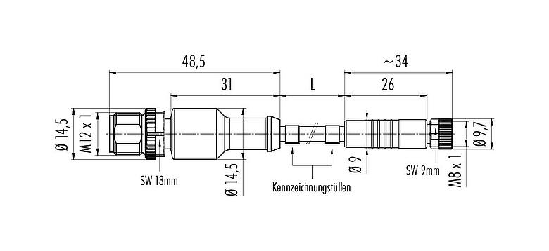 Maßzeichnung M12/M8 Kabelstecker - Kabeldose, Polzahl: 3, ungeschirmt, am Kabel angespritzt, IP67/IP69K, UL 2238, PUR, schwarz, 3 x 0,34 mm², 1 m