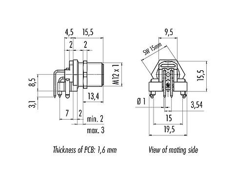 Dessin coté 99 3431 202 04 - M12 Embase mâle, coudé, Contacts: 4, non blindé, THR, IP68, UL 2238, Montage mural arrière, pour assemblage PCB, conception en deux parties