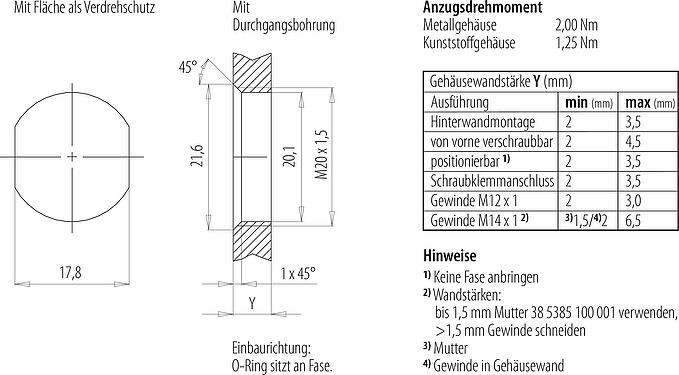 Montageanleitung / Montageausschnitt M12 Flanschdose, Polzahl: 8, ungeschirmt, schraubklemm, IP68, UL 2238, M20x1,5, Frontmontage