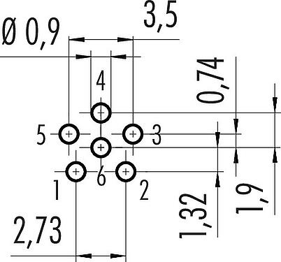Conductor layout M8 Male panel mount connector, Contacts: 6, unshielded, THT, IP67, UL 2238, M8x1.0, Rear mounting, potted