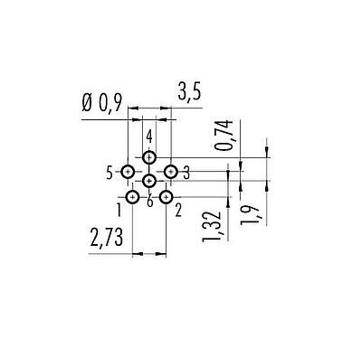 Conductor layout M8 Male panel mount connector, Contacts: 6, unshielded, THT, IP67, UL 2238, M8x1.0, Rear mounting