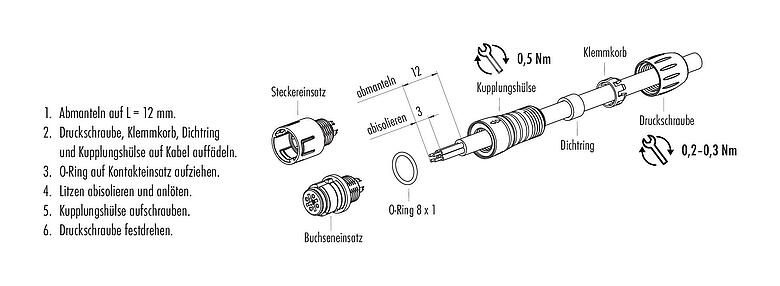 Montageanleitung Snap-In Kabelstecker, Polzahl: 3, 3,5-5,0 mm, ungeschirmt, löten, IP67, UL 2238