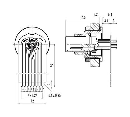 Connexion & dimensions 09 0423 65 07 - M9 Embase mâle, Contacts: 7, non blindé, THT, IP67
