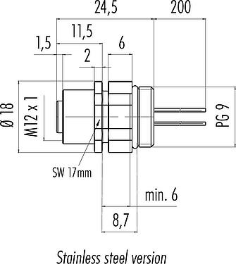 Disegno in scala M12 Connettore femmina a flangia, Numero poli: 4, non schermato, fili singoli, IP68/IP69K, UL 2238, PG 9, Montaggio anteriore, Acciaio inox, posizionabile, modellato