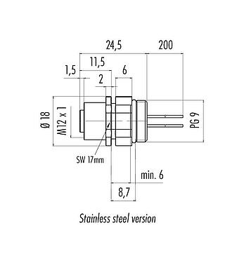Dessin coté M12 Embase femelle, Contacts: 5, non blindé, fils, IP68/IP69K, UL 2238, PG 9, Montage frontal, Acier inoxydable, positionnable, coulé