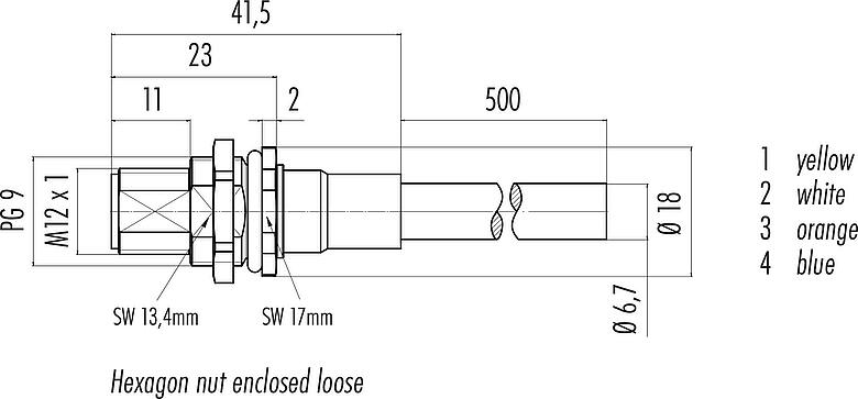 Skalritning M12 Flänsplugg, antal poler: 4, skärmad, konfektionerad med kabel, IP67, UL, PG 9, Profinet, PUR, grön, 2 x 2 x AWG 22, Bakre väggmontering, 0,5 m