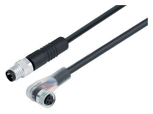 Minh hoạ M8 Cáp kết nối phích cắm cáp - ổ cắm bẻ góc với LED, Số lượng cực : 3, không có chống nhiễu, ép phun vào dây cáp, IP67/IP69K, UL 2238, PUR, màu đen, 3x0,34mm², với ĐÈN LED PNP, 2m