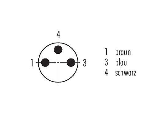 Polbild (Steckseite) 77 3703 0000 50003-0500 - M8 Winkelstecker, Polzahl: 3, ungeschirmt, am Kabel angespritzt, IP67, UL 2238, PUR, schwarz, 3 x 0,34 mm², Edelstahl, 5 m