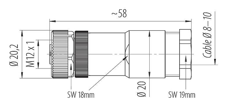 比例图 M12 直头孔头电缆连接器, 极数: 2+PE, 8.0-10.0mm, 非屏蔽, 螺钉接线, IP67, UL 2238