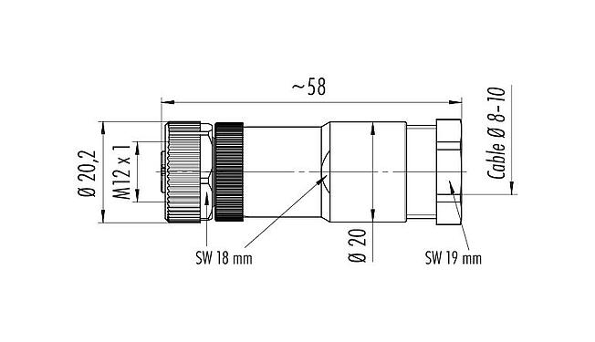 Desenho da escala 99 0690 19 04 - M12 Tomada de cabo, Contatos: 3+PE, 8,0-10,0 mm, desprotegido, pinça de parafuso, IP67, UL, VDE