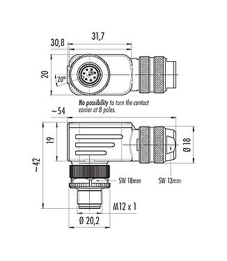 Skalritning M12 Vinkelplugg, antal poler: 8, 6,0-8,0 mm, kan skärmas, skruvkläm, IP67, UL 2238, med skärmring