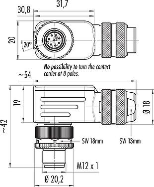Scale drawing M12 Male angled connector, Contacts: 8, 6.0-8.0 mm, shieldable, screw clamp, IP67, UL 2238, with shielding ring