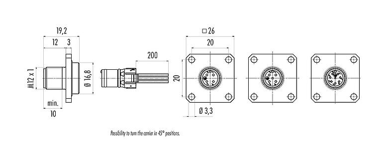 Dessin coté M12 Embase mâle, carré, Contacts: 4, non blindé, fils, IP69k, IP68, IP67, UL 2238, M3 (4x), Montage frontal, Boîtier carré 26 mm, Alignement de codage positionnable