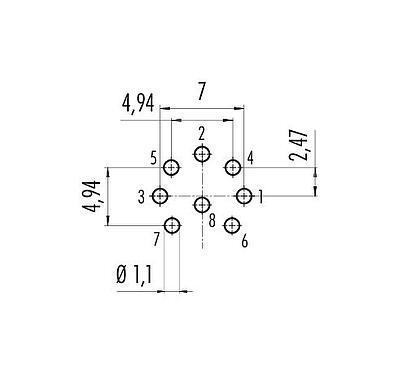 Leiterplattenlayout 09 0173 99 08 - M16 Flanschstecker, Polzahl: 8 (08-a), ungeschirmt, THT, IP68, UL, AISG konform, von vorne verschraubbar