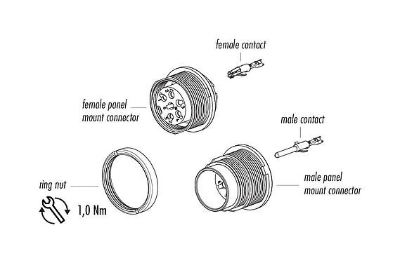 Component part drawing 09 0327 780 07 - M16 Male panel mount connector, Contacts: 7 (07-a), unshielded, crimping (Crimp contacts must be ordered separately), IP40, front fastened