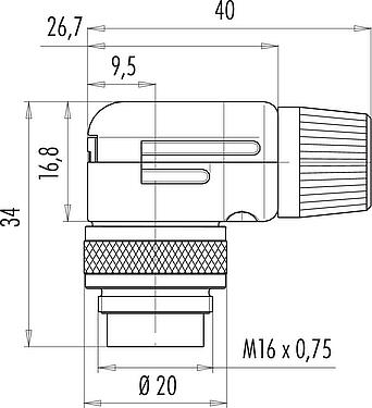 Scale drawing M16 Male angled connector, Contacts: 7 (07-a), 4.0-6.0 mm, shieldable, solder, IP40