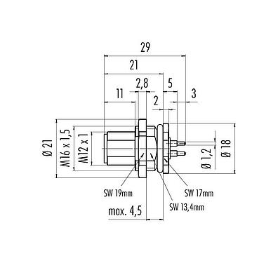 Scale drawing 09 0631 90 04 - M12 Male panel mount connector, Contacts: 4, unshielded, THT, IP68, UL, VDE, M16x1.5, Front mounting