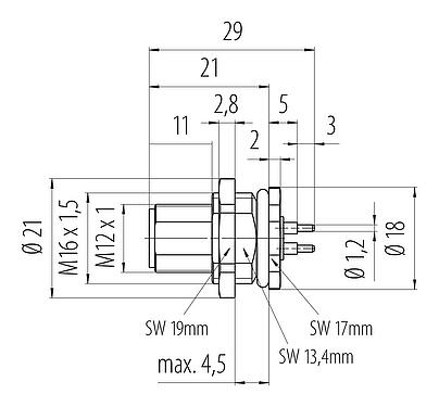Disegno in scala M12 Connettore maschio a flangia, Numero poli: 4, non schermato, THT, IP68, UL 2238, M16x1,5, Montaggio su panello posteriore, modellato