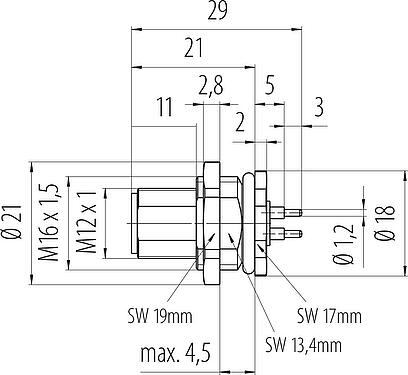 Schaaltekening M12 Male panel mount connector, aantal polen: 4, onafgeschermd, THT, IP68, UL 2238, M16x1,5, Achterwandmontage, gegoten