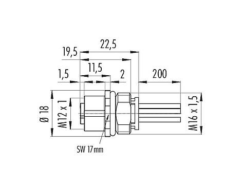 Scale drawing 09 0642 700 05 - M12 Female panel mount connector, Contacts: 4+FE, unshielded, single wires, IP68, UL, M16x1.5