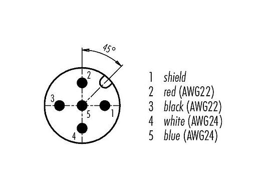 Contact arrangement (Plug-in side) 77 2529 0000 50705-1000 - M12 Male cable connector, Contacts: 5, shielded, moulded on the cable, IP67, UL, CAN-Bus, PUR, violet, 1 x 2 x AWG 22 + 1 x 2 x AWG 24, 10 m