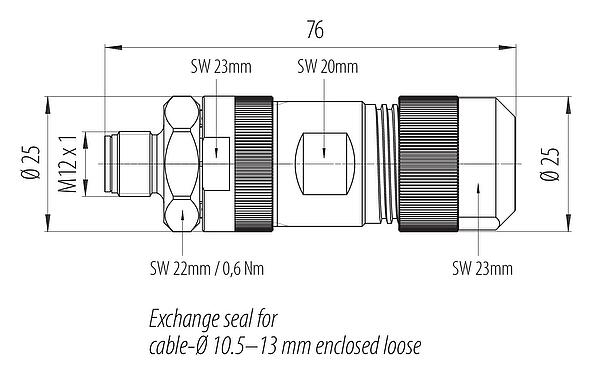 Desenho da escala M12 Plugue de cabo, Contatos: 5, 8,0-13,0 mm, desprotegido, pinça de parafuso, IP67, M12x1,0, Aço inoxidável