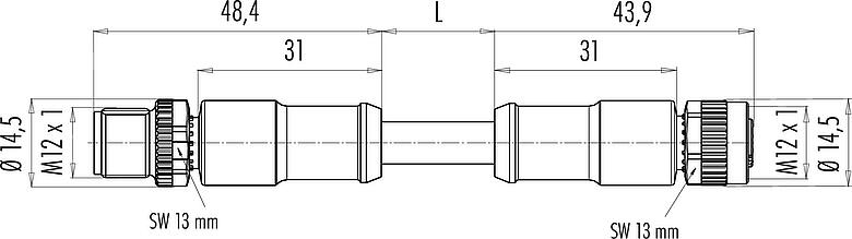 Scale drawing M12 Male cable connector - female cable connector, Contacts: 5, shielded, moulded on the cable, IP68, UL 2238, CAN-Bus, PUR, violet, 1 x 2 x AWG 22 + 1 x 2 x AWG 24, 5 m