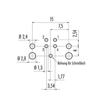 Leiterplattenlayout M12 Flanschstecker, Polzahl: 4, ungeschirmt, THR, IP67, UL 2238, M12x1,0, Rückwandmontage, zweiteilige Ausführung