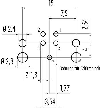 Leiterplattenlayout M12 Flanschstecker, Polzahl: 4, schirmbar, THR, IP67, UL 2238, M12x1,0, Rückwandmontage