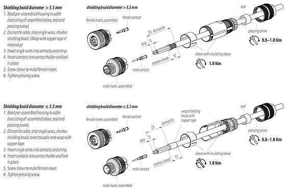 Montagehandleiding M12 Kabelstekker, aantal polen: 4, 5,0-8,0 mm, schermbaar, krimpen (krimpcontacten dienen afzonderlijk te worden besteld), IP67, UL 2238