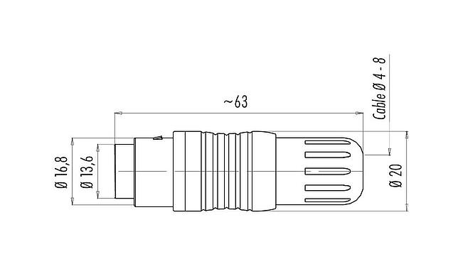 Dessin coté Push Pull Connecteur femelle, Contacts: 5, 4,0-8,0 mm, blindable, souder, IP67