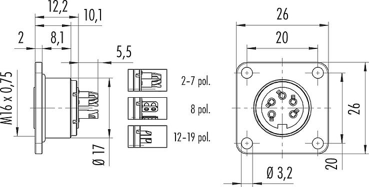 Scale drawing M16 Square female panel mount connector, Contacts: 7 (07-a), unshielded, solder, IP67, UL 2238, M3 (4x), Front mounting