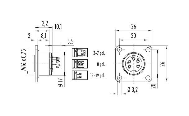 Scale drawing M16 Square female panel mount connector, Contacts: 16, unshielded, solder, IP67, UL 2238, M3 (4x), Front mounting