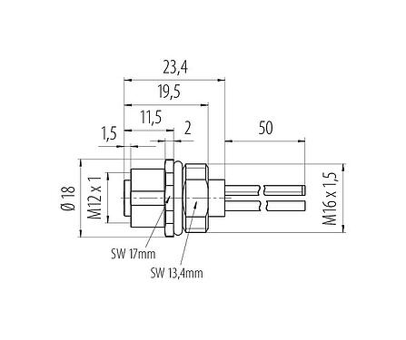 Dessin coté M12 Embase femelle, Contacts: 4, non blindé, fils, IP68, UL 2238, VDE, M16x1,5