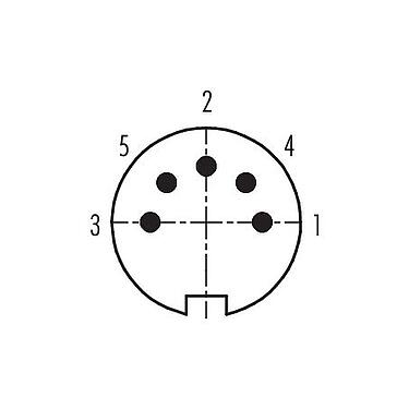 Koskettimien järjestys (plug in -puoli) 09 0141 79 05 - M16 Kulmapistoke, Napojen määrä: 5 (05-b), 4,0-6,0 mm, suojaamaton, juotos, IP40