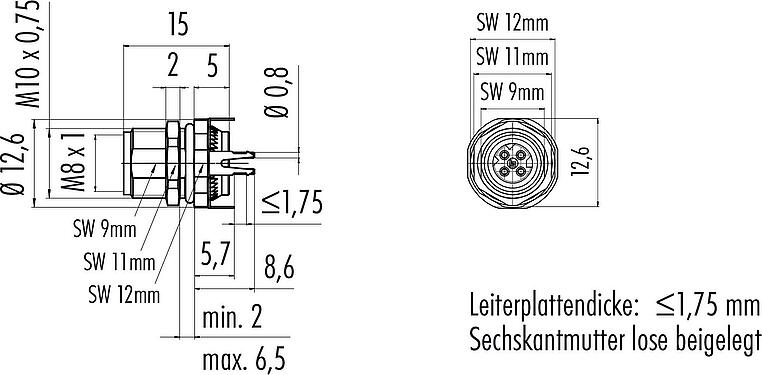 Maßzeichnung M8 Flanschdose, Polzahl: 4, schirmbar, THT, IP67, M8x1,0, Rückwandmontage, vergossen
